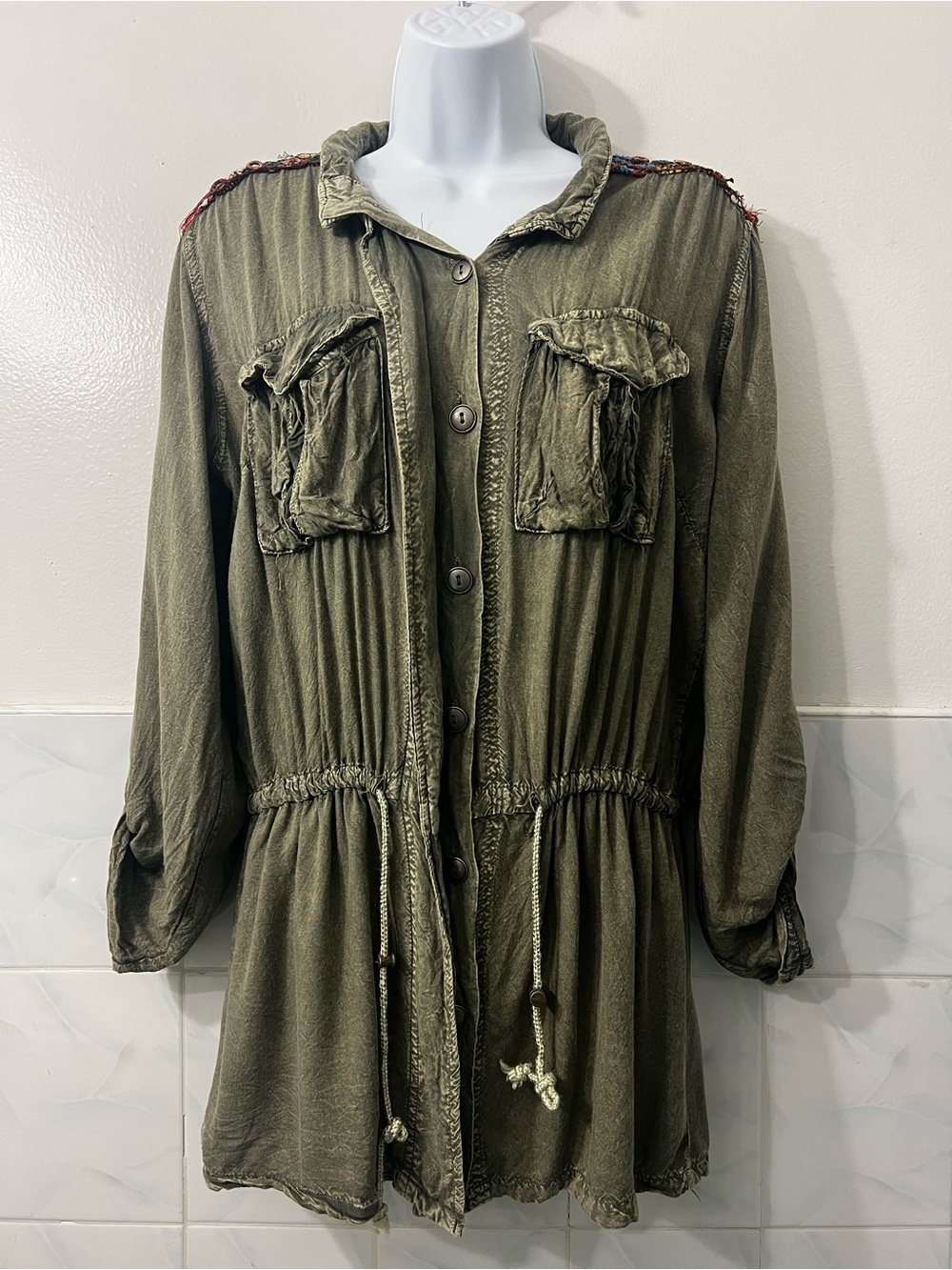 Angie Embroidered Utility Jacket Women M Green Boho Goblin Gremlin Grunge Earthy